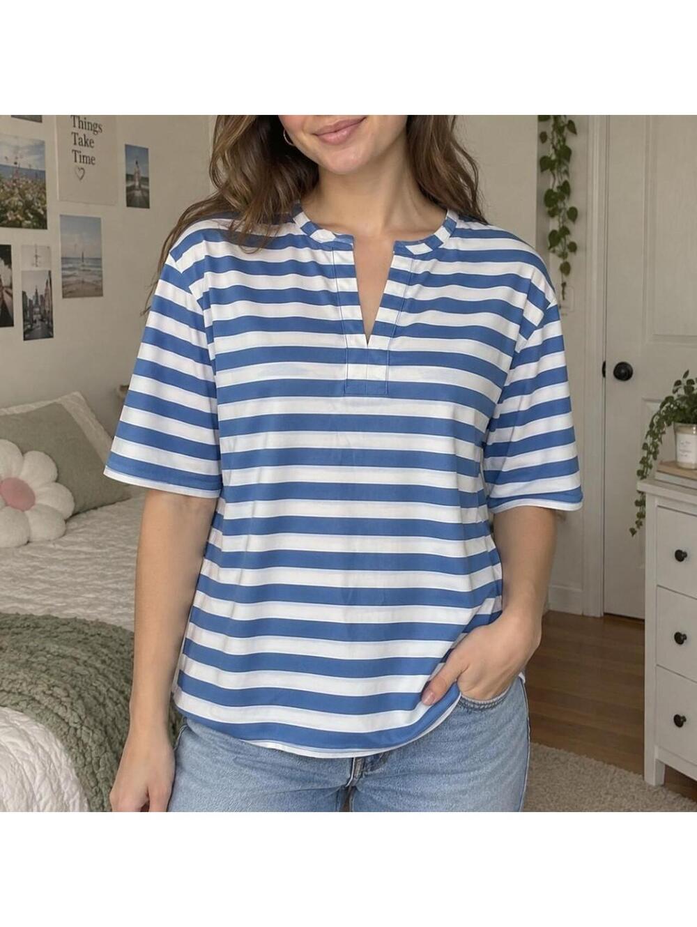 LOFT Blue White Striped Blouse Size Medium